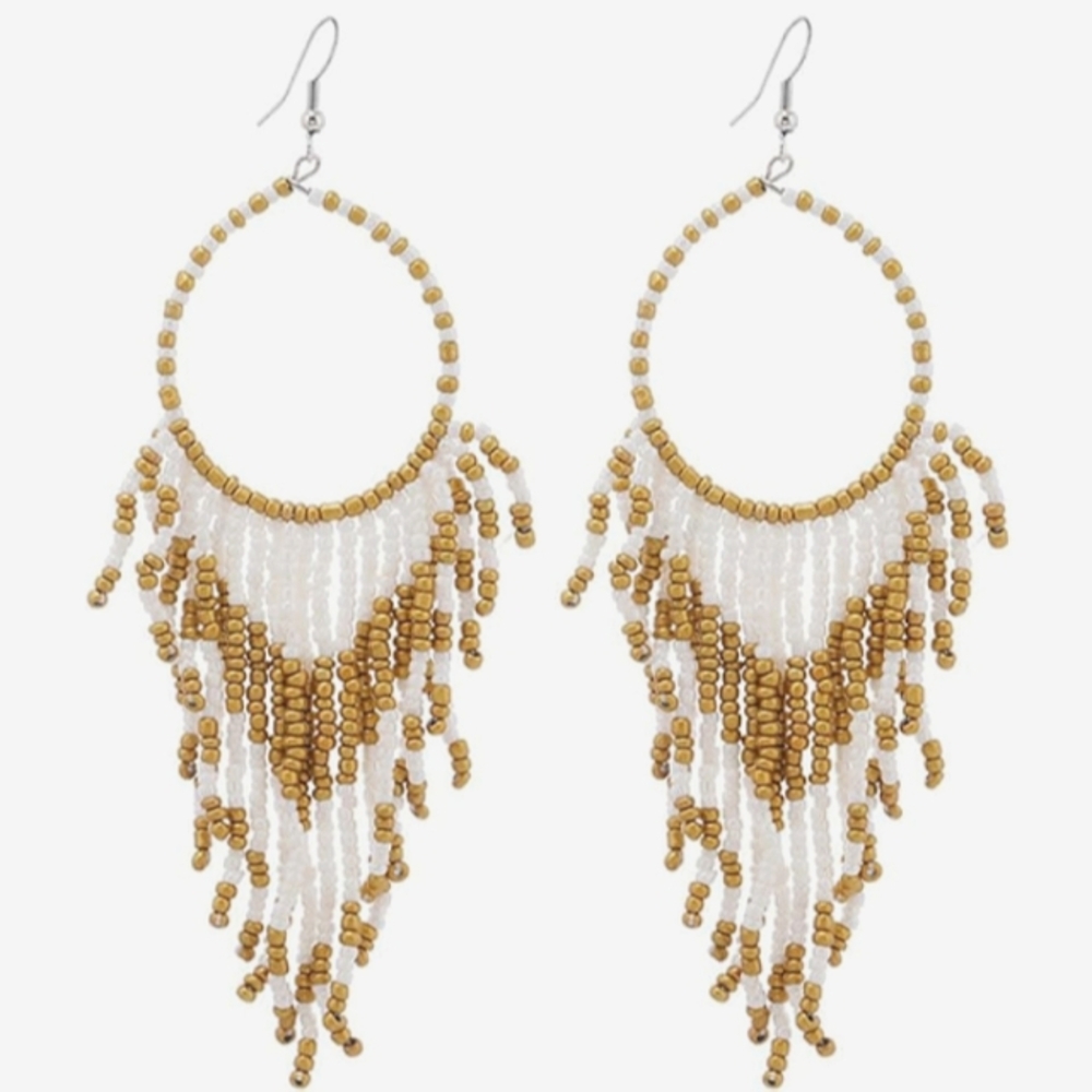 Long 5" White Bronze Oversized Beaded Hoop Earrings Southwestern Boho Hoops New